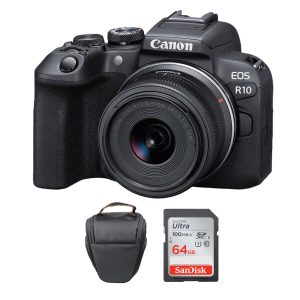 Cámara Canon EOS R10 4K Mirrorless con lente 18-45 mm + Memoria 64Gb de 100Mb/s + Bolso