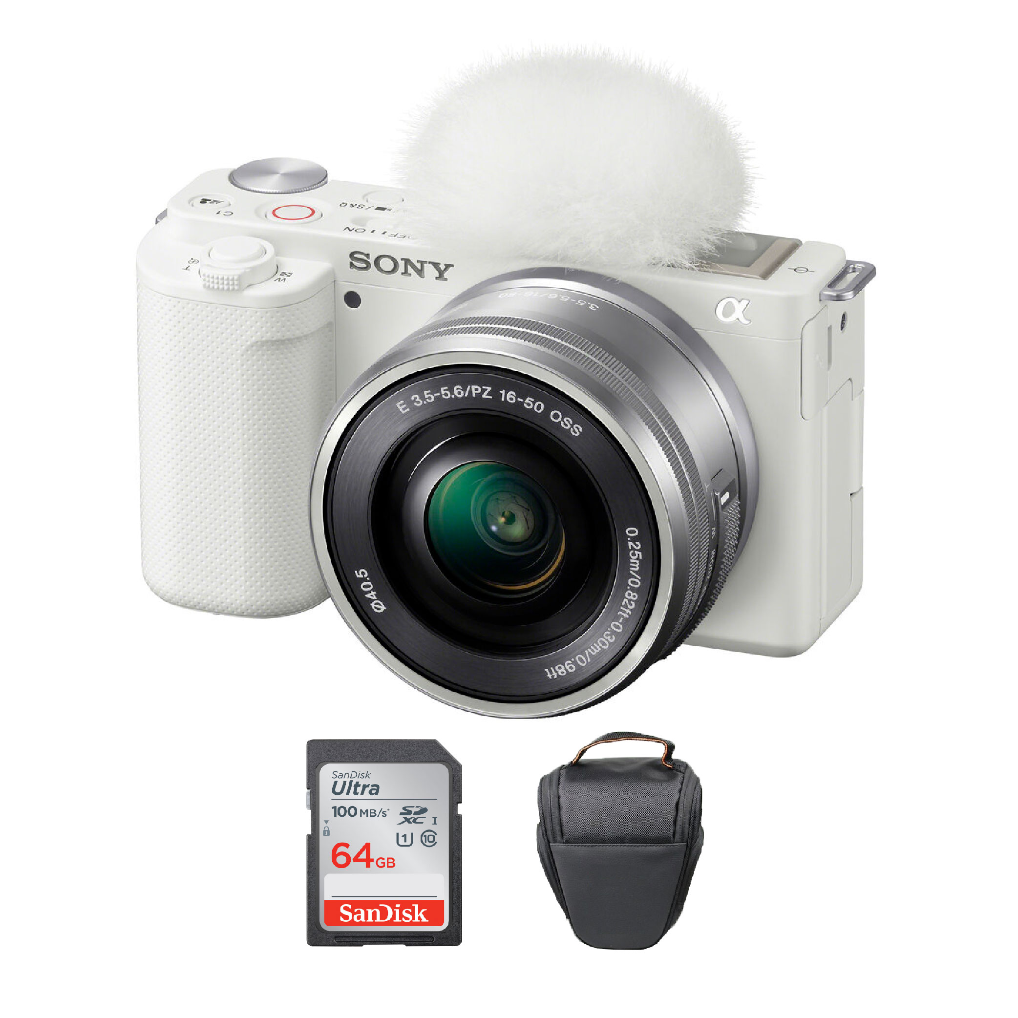 Sony ZV-E10 4K Blanca Cámara Mirrorless Lente 16-50mm f/3.5-5.6 + Memoria 64Gb de 100Mb/s + Bolso