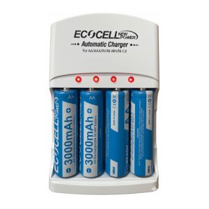 4 Pilas AA con Cargador ECOCELL 3000mah Para Flash