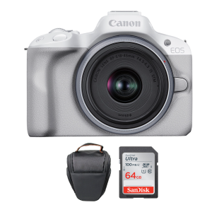 Cámara Canon EOS R50 Mirrorless Blanca con lente 18-45mm + Memoria 64Gb de 100Mb/s + Bolso